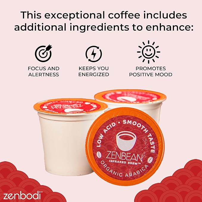 Zenbean Infrared Brew - 24 Low Acid Coffee Pods Nootropic Coffee Capsules with Rhodiola Rosea K-Cup Compatible with Capsule Machines Balanced Flavor Helps Improve Focus &amp Alertness