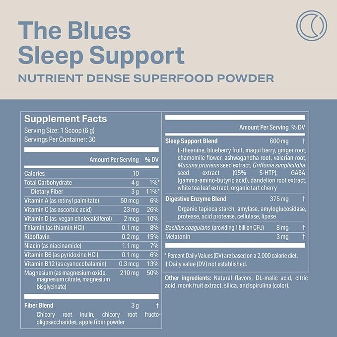 Proper The Blues Sleep Aid – Nutrient-Dense Superfood Powder with + Melatonin Magnesium L-Theanine GABA Valerian Root &amp Tart Cherry – Calm Supplement for Nighttime Relaxation &amp Sleeping
