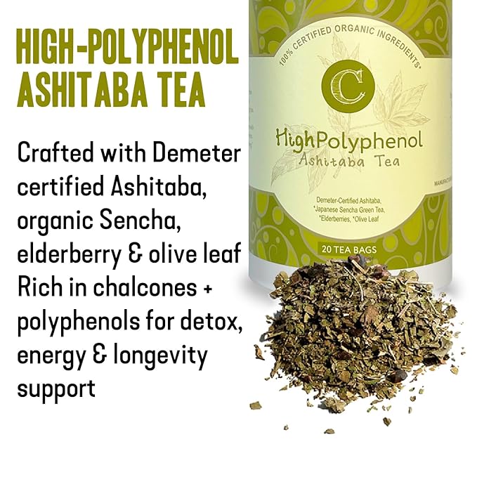 High‑Polyphenol Ashitaba Tea Blend – Demeter Certified Biodynamic U.S. Organic AshitabaSencha Green Tea with Elderberry &amp Olive Leaf – 20 Compostable Bags – Perfect for Detox Metabolic Support