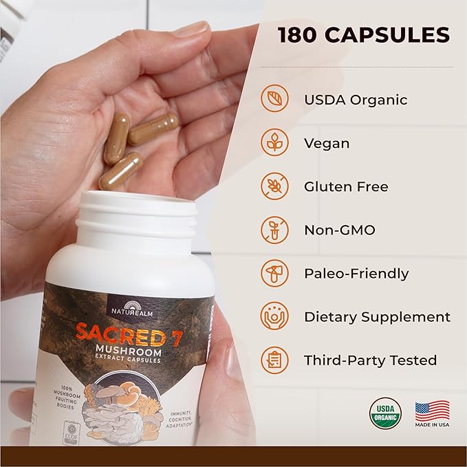 Naturealm Sacred 7 Mushroom Supplement Capsules | 60-Day Supply | 7-in-1 Organic Mushroom Complex Capsules with Lions Mane Reishi Chaga | 1000mg Per Serving | Immune Support &amp Focus