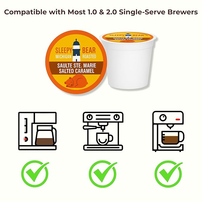 Sleepy Bear Coffee Pods Medium Roast Arabica Rich Flavor Michigan-Made Smooth &amp Sweet No Sugar Added 30ct Pods Compatible with Single-Serve Brewers (Sault Ste Marie Salted Caramel)