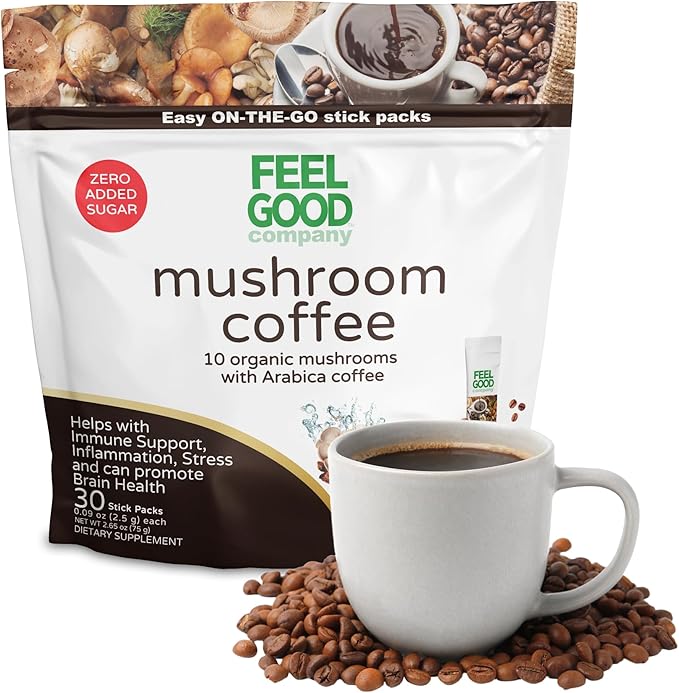 Feelgood Company Mushroom Coffee with 10 Organic Mushrooms and Arabica Coffee 30 Stick Packs Zero Added Sugar Supports Immune Health and Brain Function