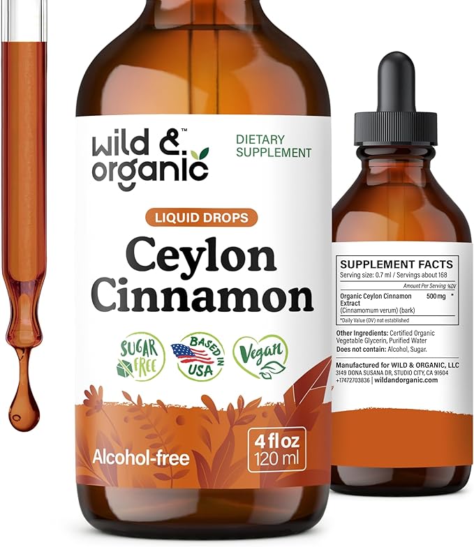 Wild &amp Organic Ceylon Cinnamon Tincture 500 mg - Liquid Cinnamon Supplements for Overall Support - Cinnamomum Verum Bark Extract - Vegan Sugar &amp Alcohol-Free Non-GMO - 4 fl oz