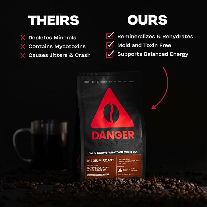 Danger Coffee by Dave Asprey Remineralized Mold Free &amp Lab Tested Ground Healthy Coffee Medium Roast 10.9 Ounce