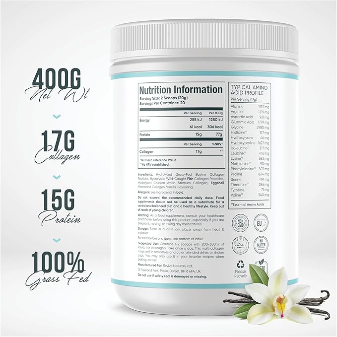 Revive Naturals Vanilla Multi Collagen Protein Powder - 400g - Unsweetened - 5 Types of Collagen Peptides - Hydrolyzed Grass Fed Bovine Wild Caught Marine &amp Free-Range Chicken - Keto Approved