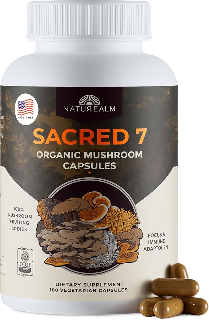 Naturealm Sacred 7 Mushroom Supplement Capsules | 60-Day Supply | 7-in-1 Organic Mushroom Complex Capsules with Lions Mane Reishi Chaga | 1000mg Per Serving | Immune Support &amp Focus