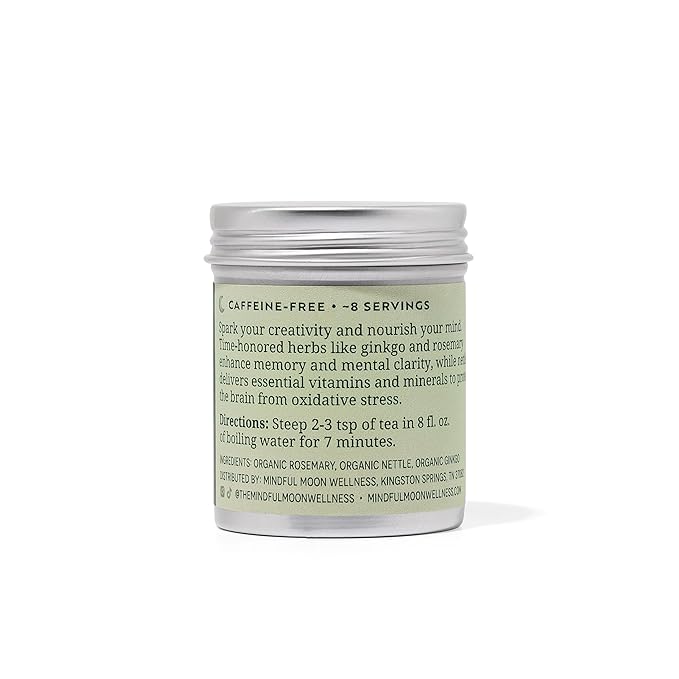 Brain Power Herbal Tea by Mindful Moon – Focus &amp Memory Support Blend with Ginkgo Nettle &amp Rosemary – Caffeine-Free Loose Leaf (Mini)