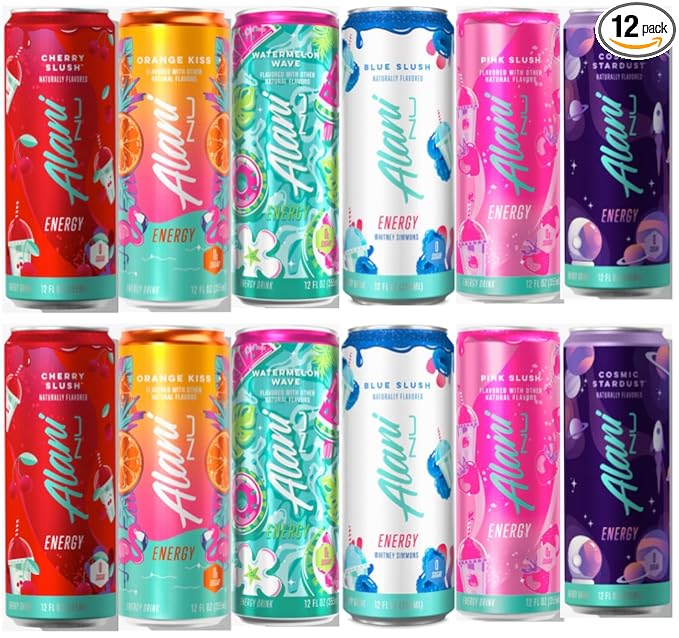 New Alani Energy Drinks - Orange Kiss Pink Slush Blue Slush Cherry Slush Watermelon Wave Cosmic Stardust - 200mg Caffeine | Antioxidants | Biotin B Vitamins | Zero Sugar | 15 Calories or Less |