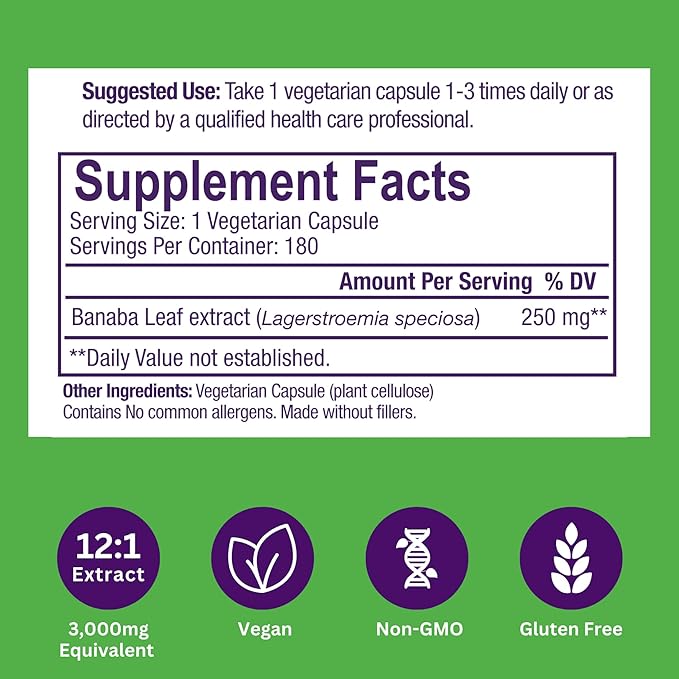 Paradise Herbs Banaba Leaf 12:1 Concentrated Extract 250 mg Vegan Gluten-Free Non-GMO 180 Capsules