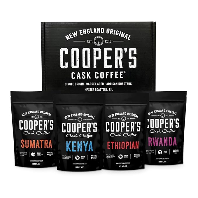 Gourmet Coffee Sampler Gift Box Set Roasted Coffee Beans Sumatra Dark Kenya AA Medium-Dark Rwanda Medium Natural Ethiopian Light Whole Bean 4 Bags 16 oz Total