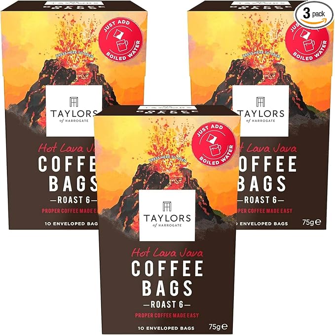 Taylors of Harrogate Hot Lava Java Coffee Bags (10 Enveloped Bags Per Pack x 3 Packs = 30 Coffee Bags)