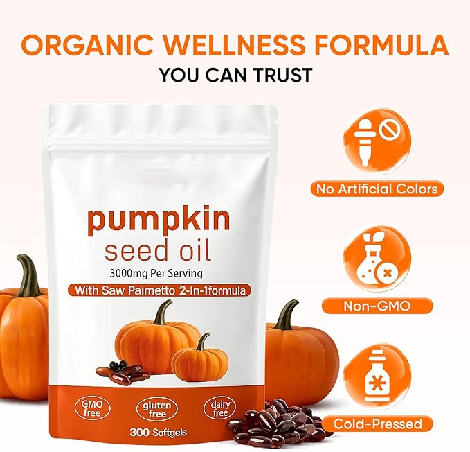 Pumpkin Seed Oil Capsules 2 in 1 Pumpkin Seed Oil with Saw Palmetto for Hair 3000mg Pure &amp Natural Supplement Supports Hair Heart Skin Supplement Non-GMO Gluten Free 300 Softgels (1)