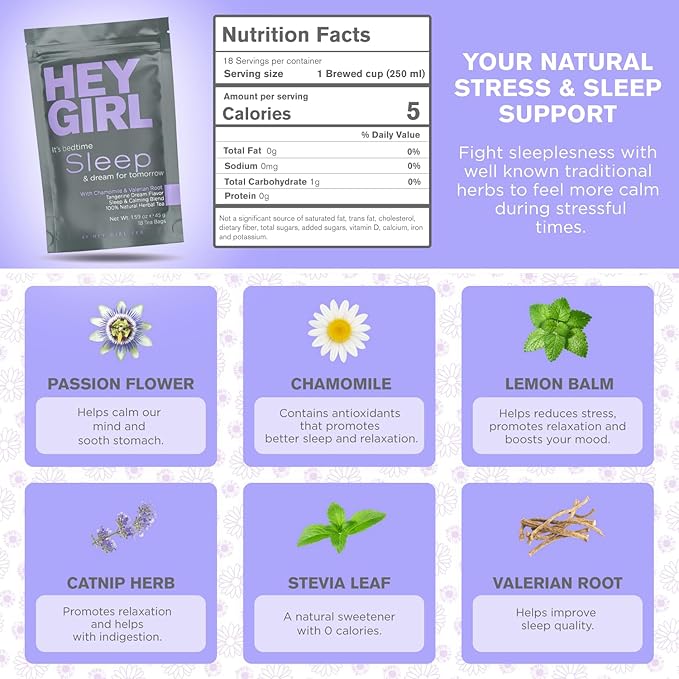 Hey Girl Sleep Tea - Natural Herbal Bedtime Tea Bags with Chamomile Passion Flower Valerian Root Lemon Balm - Calming Relaxing Adults Sleepy Night Time Tea - Relaxation Gifts for Women 2-packs