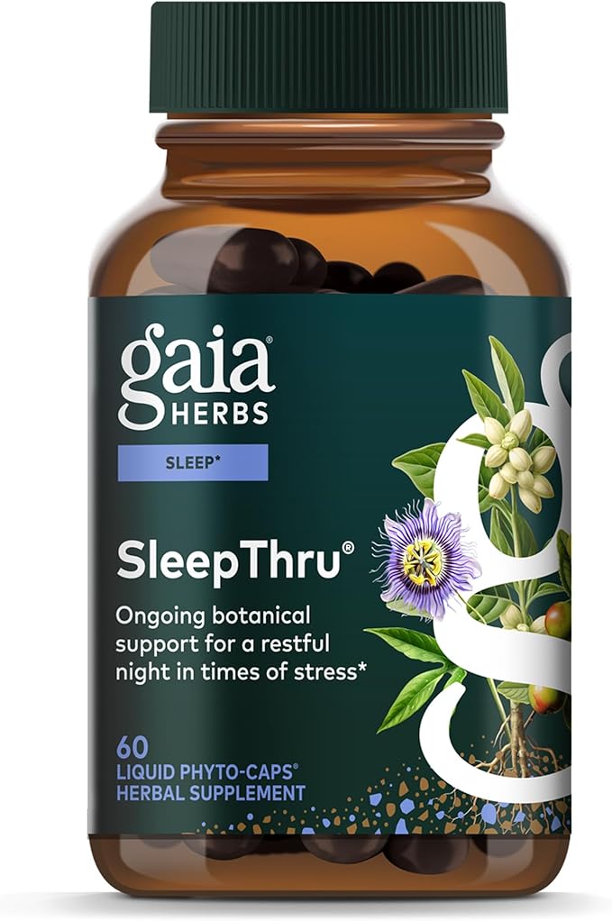 Gaia Herbs SleepThru - Sleep Support Supplement with Ashwagandha Root Magnolia Bark Passionflower &amp Jujube Date* - 60 Vegan Liquid Phyto-Caps (30 Servings)