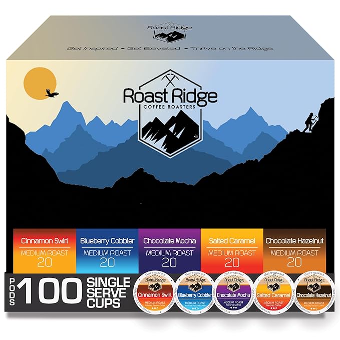 Roast Ridge Single Serve Coffee Pods for Keurig K-Cup Brewers Variety Pack Medium Roast 100 Count (20 each: Blueberry Cobbler Chocolate Hazelnut Salted Caramel Cinnamon Swirl Chocolate Mocha)