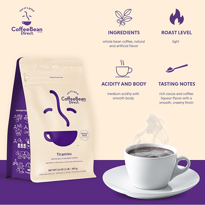 Coffee Bean Direct Tiramisu Flavored Whole Bean Coffee 1 Pound Bag (Pack of 1)
