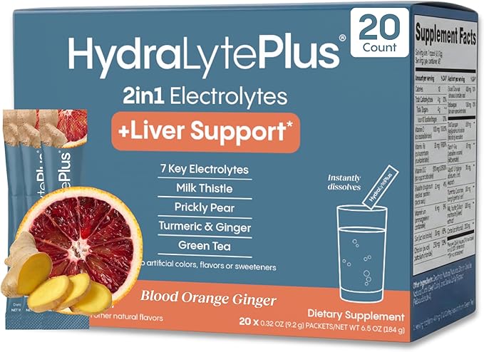 Hydralyte Liver Support + Electrolyte Mix with Milk Thistle Turmeric Ginger Prickly Pear Green Tea Extract Formulated for Rapid Rehydration (Blood Orange Ginger 20 Packets)