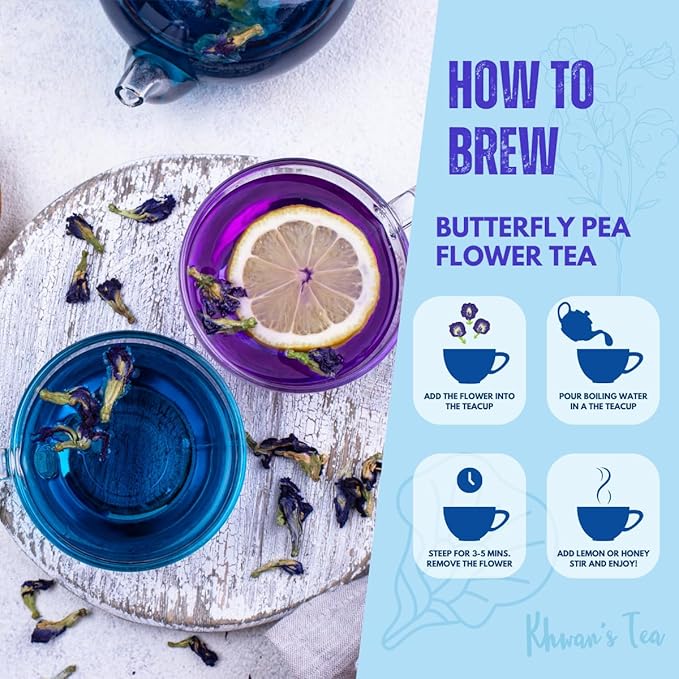 KHWAN'S TEA Dried Butterfly Pea Flowers Blue Tea Clitoria Ternatea Flower Herbal Tea Caffeine Free Vegan Plant Based 3.53 oz (100g)