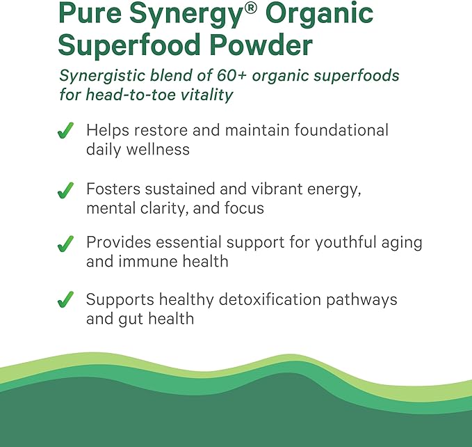 PURE SYNERGY Organic Superfood Powder | Green Superfood Powder | Whole Food Supplement with Organic Greens Spirulina and Mushrooms | for Energy Healthy Aging and Immune Health (12.5 oz)