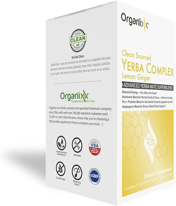Organixx Clean Sourced Yerba Complex Yerba Mate Superblend Powder Drink Mix With Ashwagandha Natural Caffeine Pre &amp Probiotics &amp Fiber Dairy and Gluten Free Lemon Ginger 15 Travel Packe
