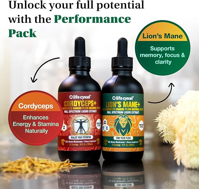 Life Cykel Cordyceps +Lion's Mane Extract Performance Pack - Organic Mushroom Supplement for Energy Focus &amp Mental Clarity - USA Made Pure &amp Potent Mushroom Liquid Drops for Adults