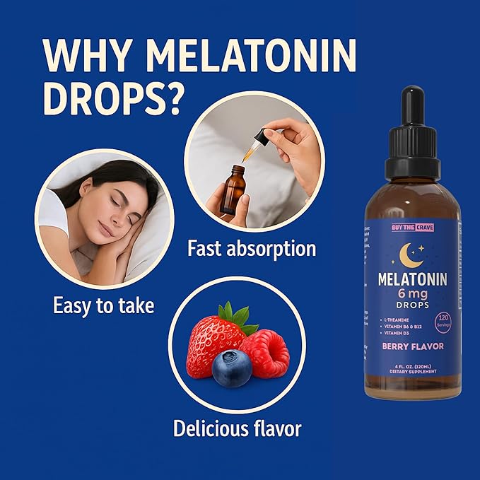 Melatonin Drops 6mg with L-Theanine Vitamin B6 B12 &amp D3 – Berry Flavor Sleep Support Fast-Acting Liquid Melatonin 4 fl oz (120mL) Natural Nighttime Relaxation Formula