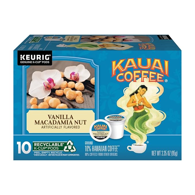 Kauai Coffee K-Cup Pods - Vanilla Macadamia Nut Flavor – Premium Arabica 10 CT (Pack of 2)