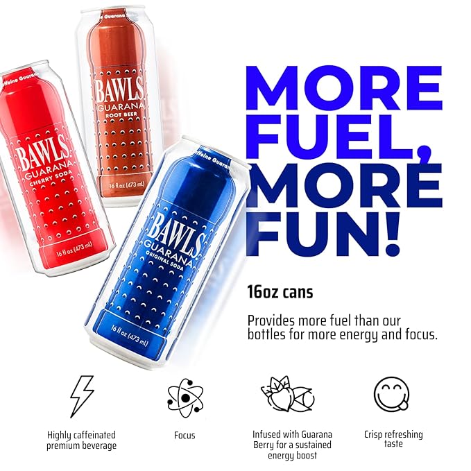 BAWLS Guarana Variety Pack BAWLS Guarana Drink Guarana Soda Guarana Fueled Soda for Energy High Energy Caffeinated Drink 16oz 12 Pack Cans