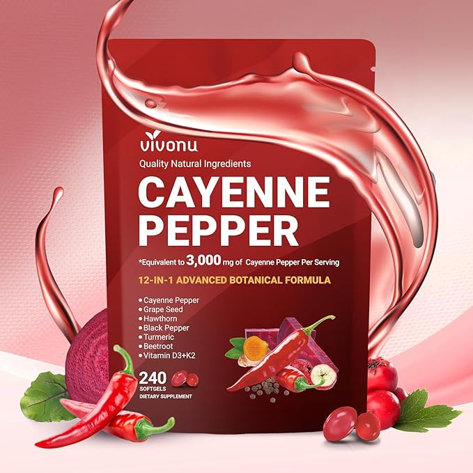 VivoNu Cayenne Pepper Softgels Supplement Supports Leg Vein Heart and Blood Vessel Health with Vitamin E D3+K2 and Extracts of Grape Seed Hawthorn Beetroot Berberine and Other