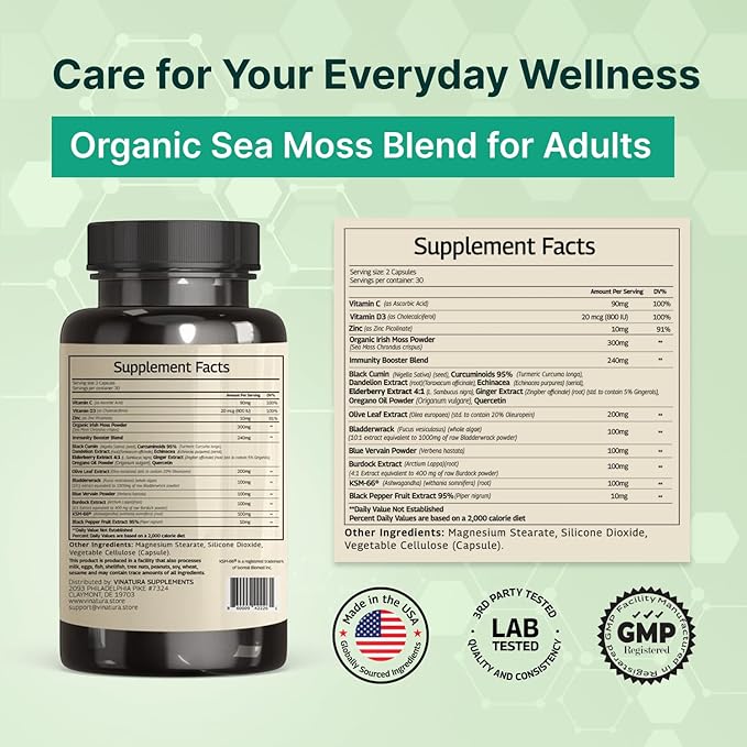 VINATURA Organic Sea Moss Blue Vervain - with Black Seed Oil Ashwagandha Ginger Burdock Root Capsules - 1250mg per Serving *USA Made &ampTested* Immune Booster for Adults