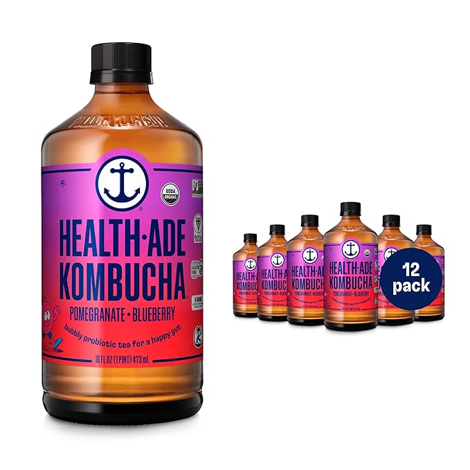 Health-Ade Kombucha Tea Organic Drink Fermented Tea with Living Probiotics Detoxifying Acids Supports Gut Health Non-GMO Vegan Gluten Free 12 Pack (16 Fl Oz Bottles) Pomegranate Blueberry