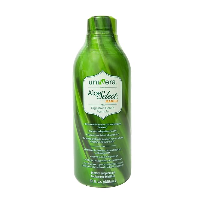 Univera Aloe Vera Juice Preminum Organic Aloe Vera Digestive Enzymes for Gut Health Immune Support Prebiotic Supplement Reduces Inflammation Mango Flavor 30 Day Supply (33 fl oz)
