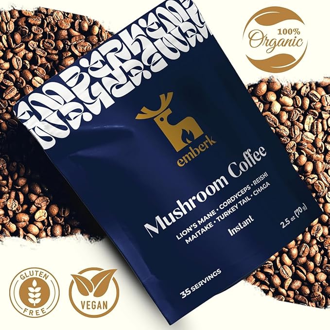 Emberk Organic Mushroom Coffee with Lions Mane - Instant Coffee with 6 Adaptogenic Mushrooms 5000mg per Cup for Focus Energy and Immune Support - Low Caffeine Vegan 35 Servings