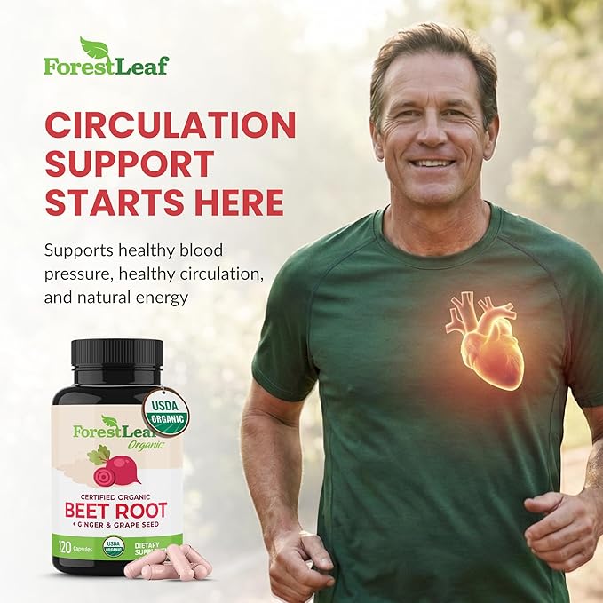 ForestLeaf USDA Organic Beet Root Capsules - Beetroot Supplement 1000mg 20:1 Extract w/Ginger Grape Seed - Support Blood Pressure Nitric Oxide Flow Circulation - Made in USA - 120 Caps