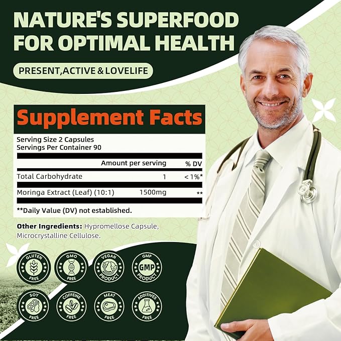 GREENPEOPLE Whole-Leaf Moringa Capsules 1500mg - High Potency 10:1 Moringa Oleifera Leaf Extract - Natural Green Superfood for Energy &amp Immune Support - Vegan Non-GMO Caffeine Free - 180 Count