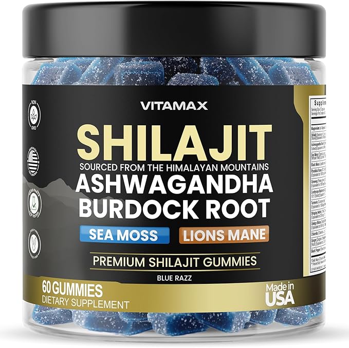 Pure Shilajit Gummies Sea Moss Ashwagandha 105+ Trace Minerals – Organic Burdock Root &amp Lions Mane Mushroom - Blue Razz – Vegan &amp Non-GMO – Made in USA – 60ct