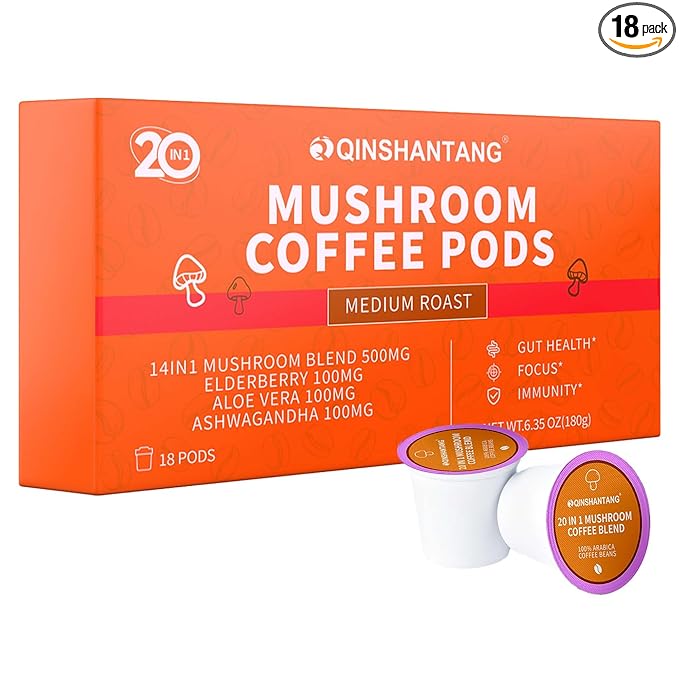 Mushroom Coffee K Cup 18 Count Ground Arabica Coffee Powder 14 Mushrooms Supplement Ashwagandha Elderberry Aloe Vera | Immune Support Gut Health &amp Focus | Single Serve Pods Medium Roast