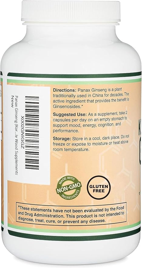 Ginseng Capsules (Korean Red Ginseng Extract Panax Ginseng 10% Ginsenosides) (4 Month Supply) 240 Vegan Capsules - 1000mg per Serving for Mood Cognitive Function and Energy Support by Double Wood
