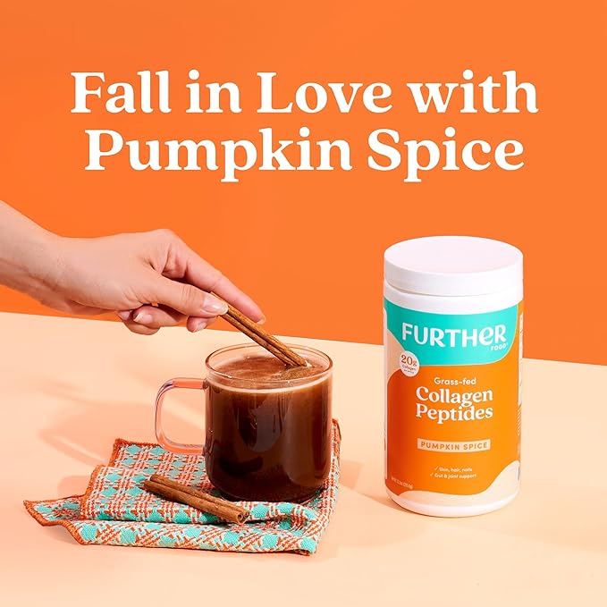 Further Food Pumpkin Spice Collagen Peptides Powder with Lion’s Mane Mushroom – 100% Grass-Fed Hydrolyzed Type 1 &amp 3 20g of Collagen per Serving Supports Skin Hair Nails &amp Focus 9.88 Oz
