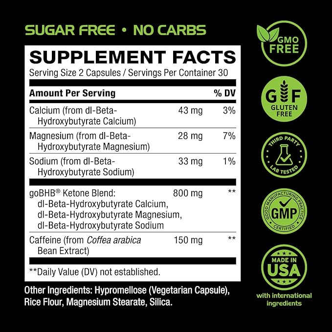 Keto BHB Exogenous Ketones Supplement - BHB Science Keto Diet Pills with Patented goBHB and Caffeine for Natural Energy Focus Body Sculpting &amp Ketosis Support - Vegetarian &amp Non-GMO (1 Month S