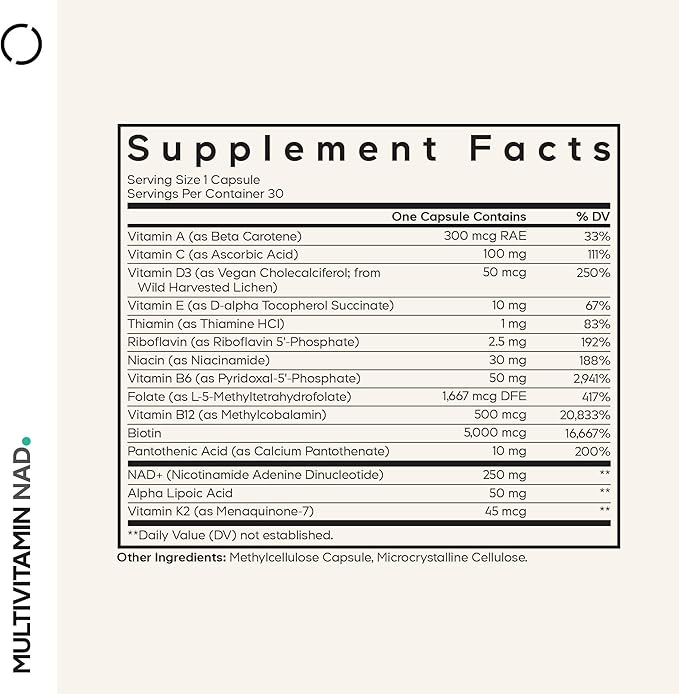 Codeage Multivitamin NAD Supplement - NAD+ Energy &amp Healthy Aging Support - Vitamin D3 K2 P5P Methylated B12 Alpha Lipoic Acid Folate Riboflavin Biotin B Complex Pills - Non-GMO - 30 Capsul