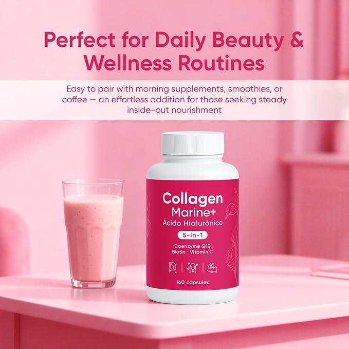 Hydrolyzed Marine Collagen + Hyaluronic Acid Formula – 5-in-1 Beauty &amp Wellness Blend with CoQ10 Biotin &amp Vitamin C – Vegan Friendly Non-GMO 150 Capsules