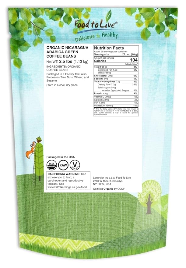 Food to Live Organic Nicaragua Arabica Green Coffee Beans 2.5 Pounds – Whole Unroasted Washed Bean. Fresh Crop. No-GMO Vegan Bulk