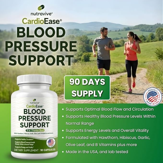 Nutravive 13-in-1 Heart Health Supplement – Supports Healthy Circulation &amp Blood Pressure Levels – with Hawthorn Garlic Olive Leaf Hibiscus B12 Juniper Green Tea and More |GMP|90 Capsules|