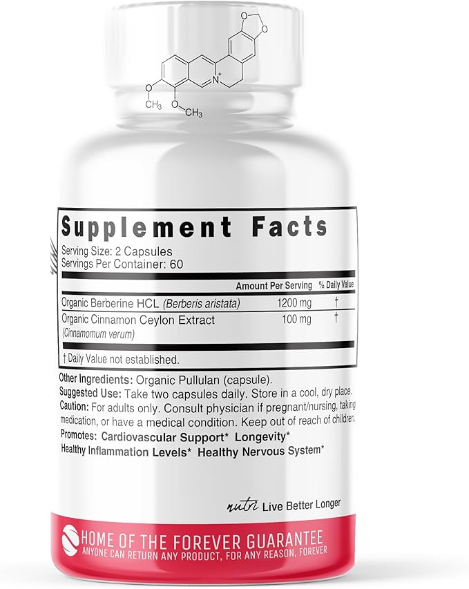 Nature's Fusions Nutri USDA Berberine with Ceylon Cinnamon Extract 1300mg - Berberine HCL - 100mg Organic Supplement - 120 Capsules (60 Servings) Vegan Gluten Free
