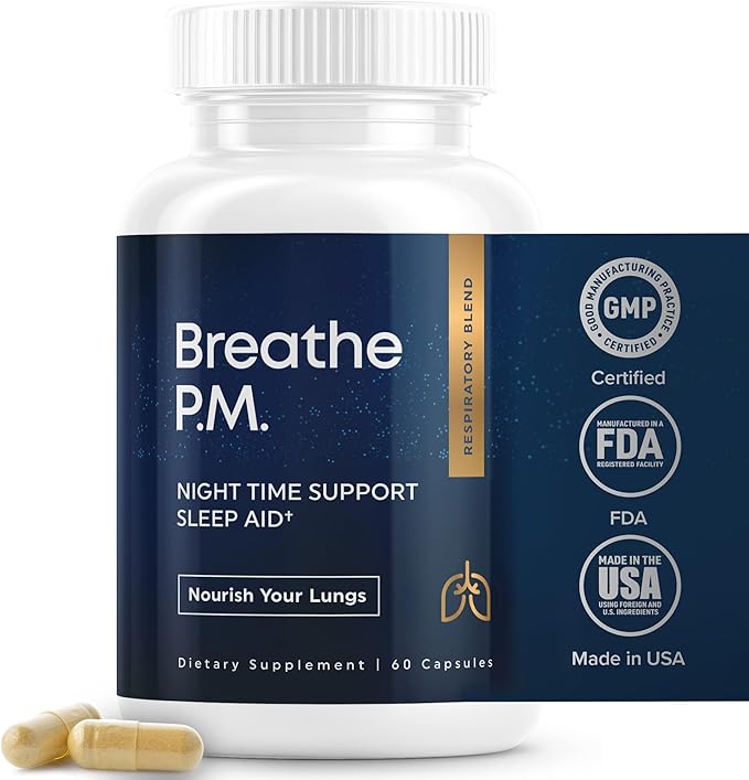 BREATHE PM Nighttime 6-IN-1 Mullein Capsules For Lung Detox for Smokers (60 Caps - 30 Days) - L-Theanine Thyme &amp Mullein Leaf Extract For Lungs - Mucus Removal Supplement - GMO-Free &amp Made