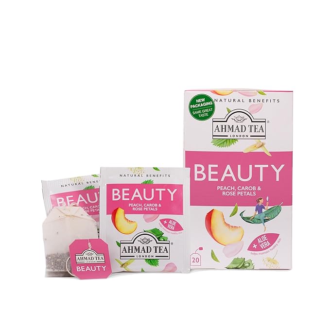 Ahmad Tea Herbal Tea Peach Carob and Rose Petals 'Beauty' Natural Benefits Teabags 20 ct (Pack of 6) - Decaffeinated &amp Sugar-Free