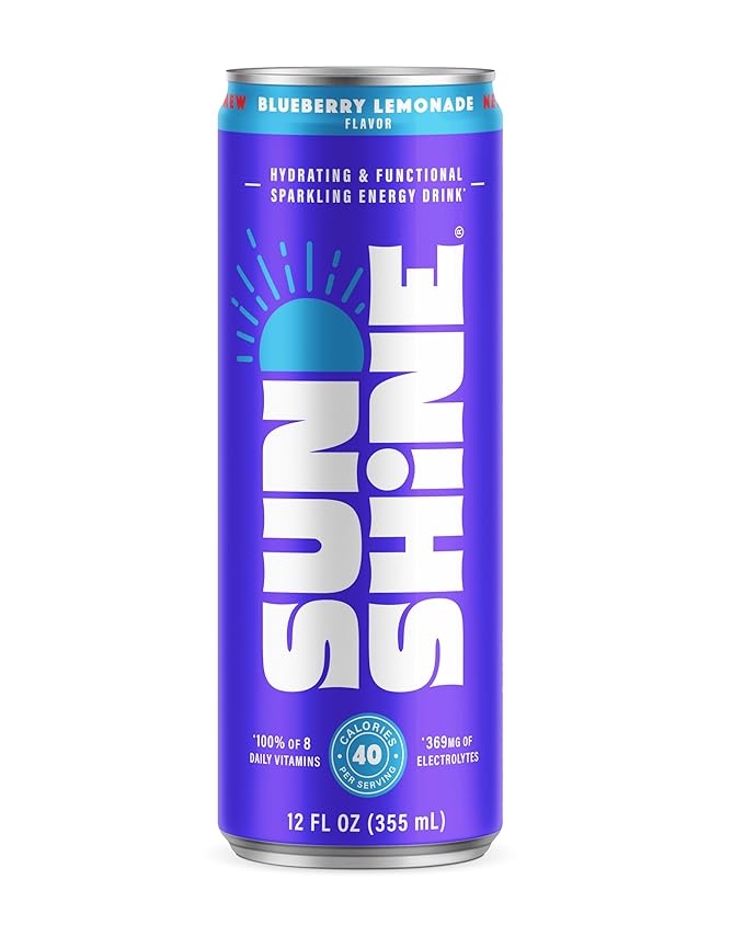 Sunshine Sparkling Energy Drink Blueberry Lemonade with Daily Essential Vitamins 360mg of Electrolytes 70mg of Natural Caffeine 12 Fl Oz (Pack of 12)