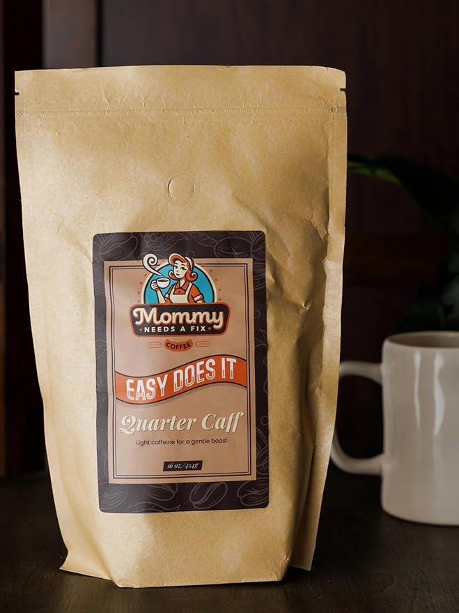 Mommy Needs A Fix Quarter Caff Whole Bean Coffee | 100% All Natural Arabica Beans | Medium Roast | Chemical Free Swiss Water Process | Pregnancy &amp Breastfeeding Friendly | Roasted in the USA | 1 l