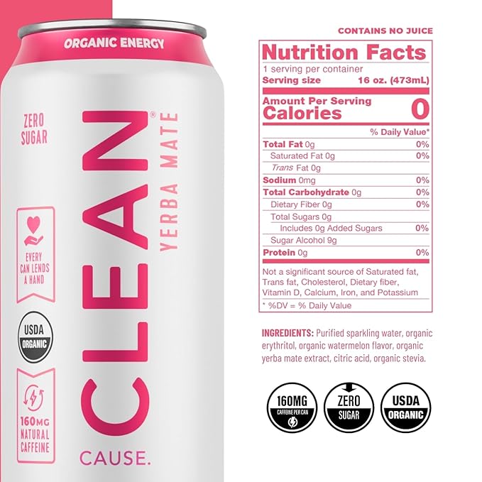 CLEAN Cause Zero Sugar Watermelon Yerba Mate Tea Sparkling USDA Organic Energy Drink Alternative Zero Calorie 160mg Natural Caffeine Soda Alternative Plant-Based (16oz cans 12-Pack Case)